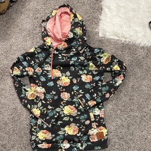 AMPERSAND AVE Black Floral Hoodie with Pink Lined Hood